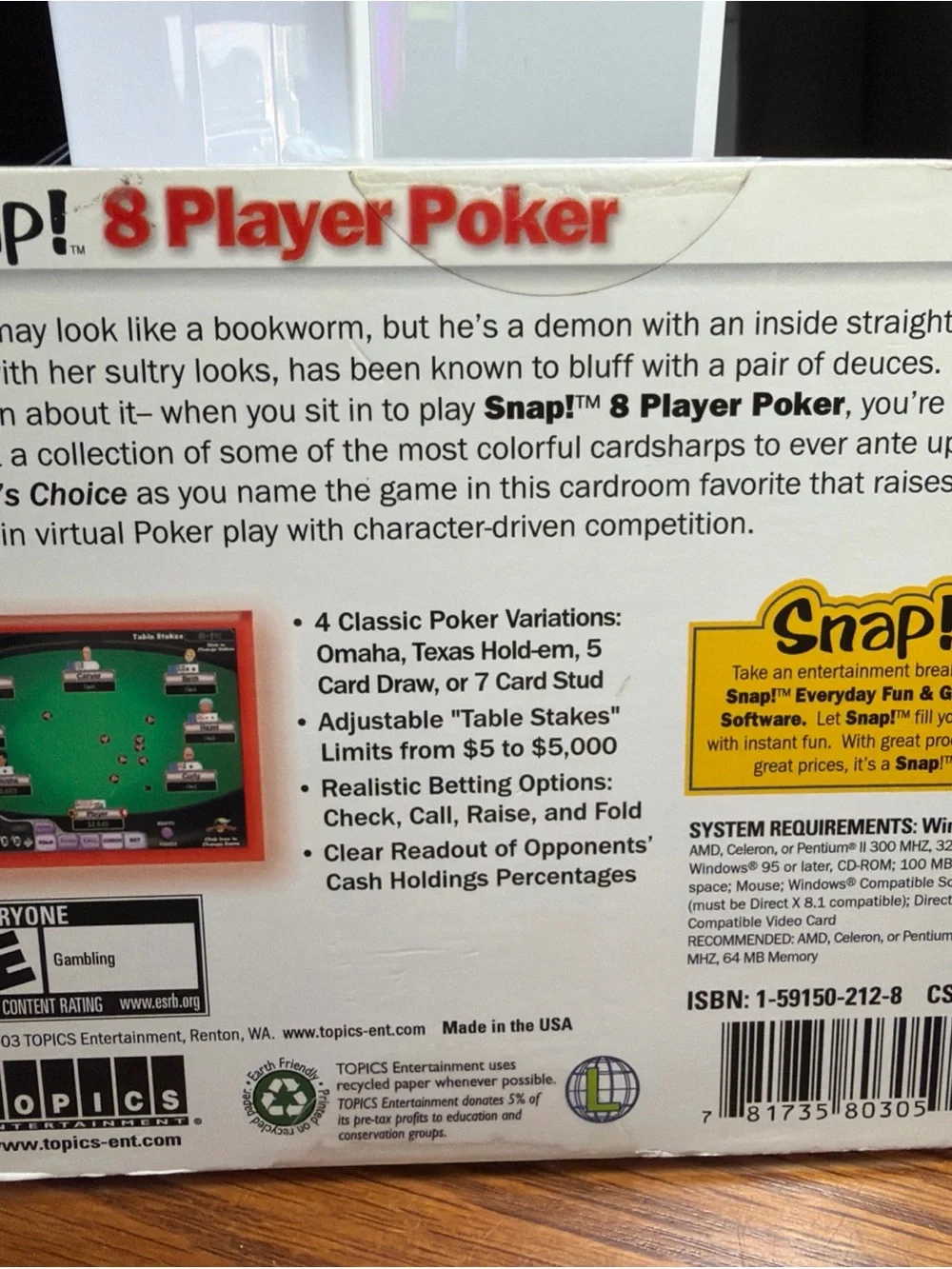 Snap! 8 Player Poker PC CD-ROM 2993 ESRB E Everyone Omaha Hold-em 7 Card Stud